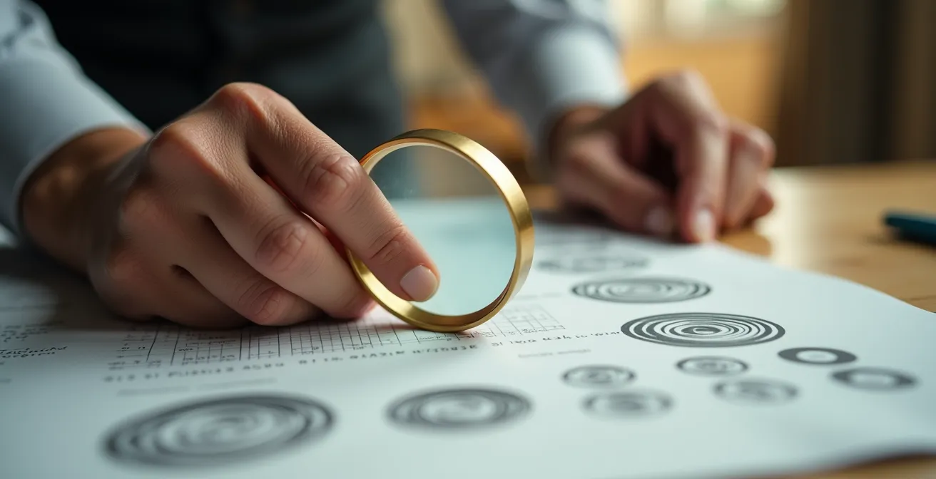 Mains d'élus CSE examinant des graphiques financiers complexes avec une loupe