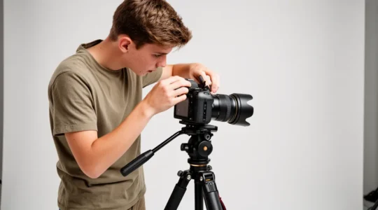 Étudiant ajustant un appareil photo sur trépied dans un studio équipé de softboxes
