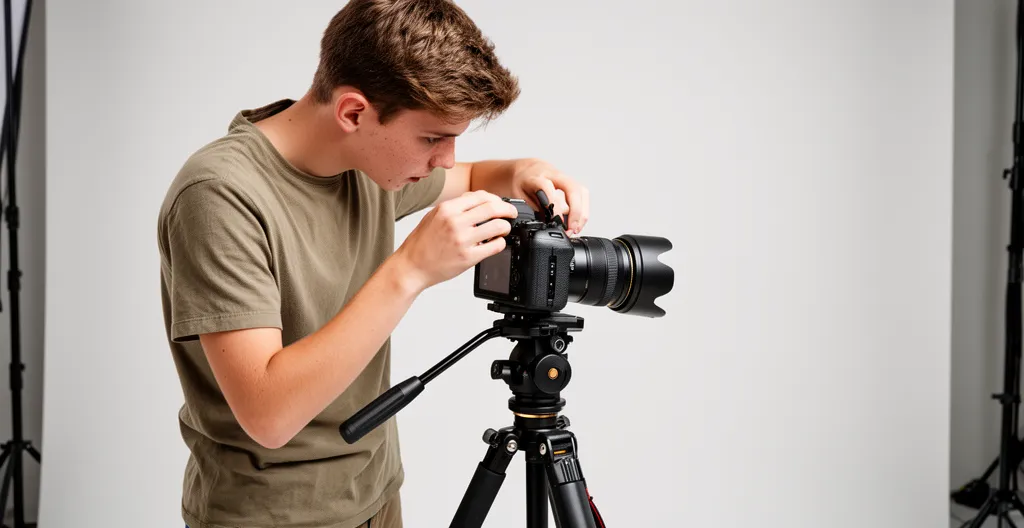 Étudiant ajustant un appareil photo sur trépied dans un studio équipé de softboxes