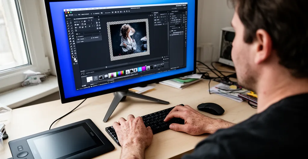 Personne travaillant sur un logiciel de retouche photo devant un grand écran