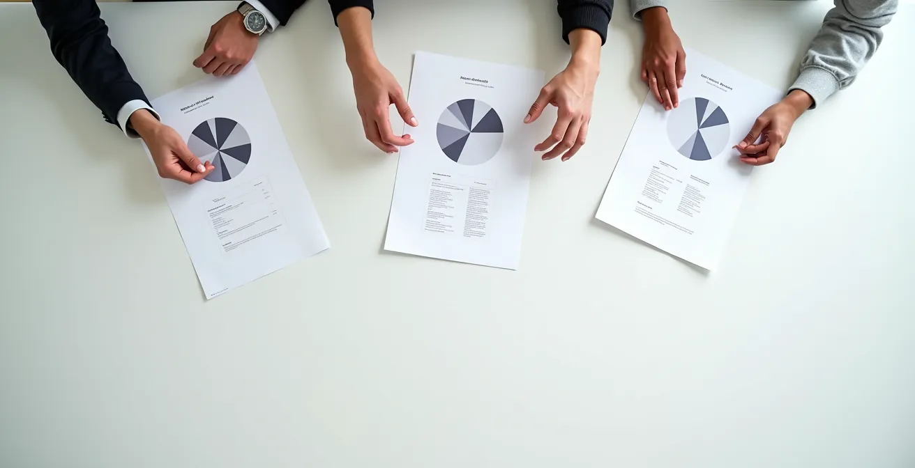 Table de négociation vue du dessus avec documents et mains en discussion
