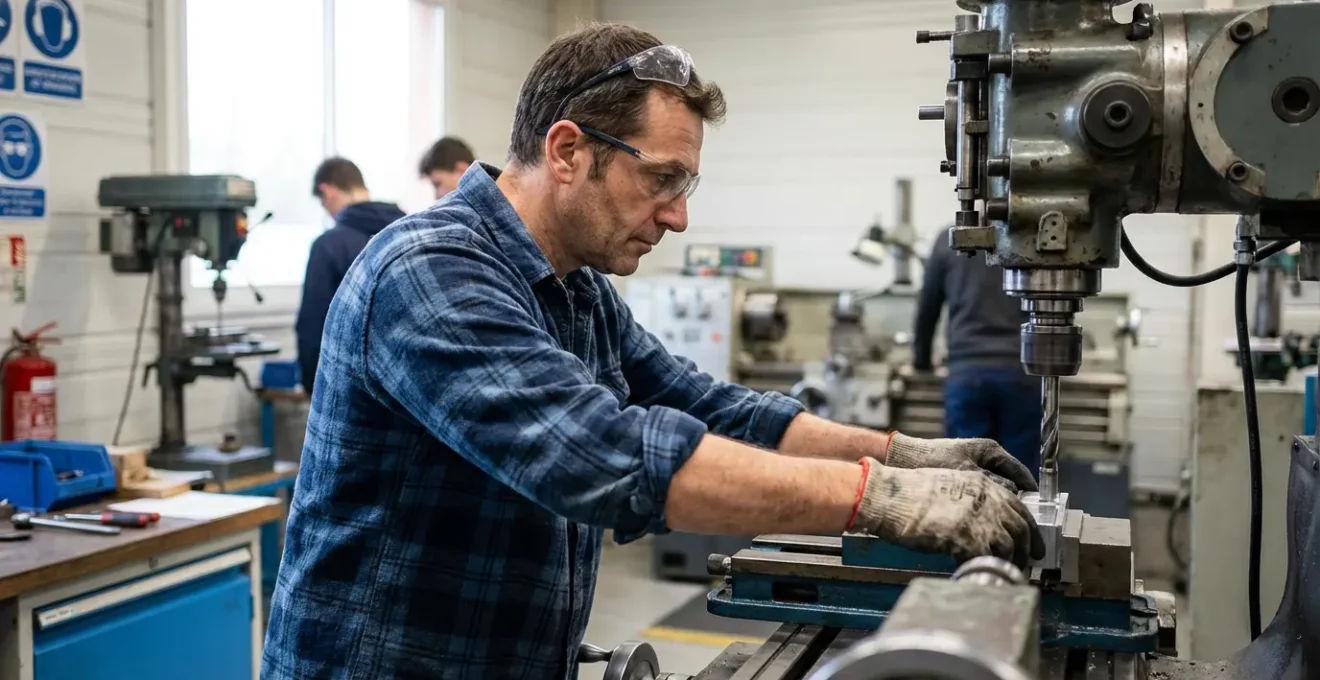 Apprenant adulte concentré sur un équipement technique en centre de formation professionnelle