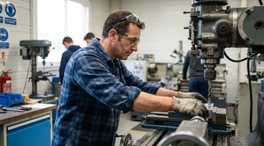 Apprenant adulte concentré sur un équipement technique en centre de formation professionnelle
