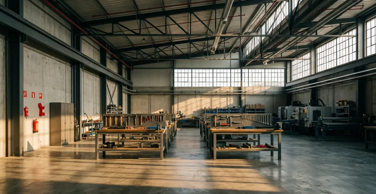 Vue d'ensemble d'un atelier industriel moderne avec système de prévention incendie et mesures de sécurité visibles