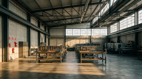 Vue d'ensemble d'un atelier industriel moderne avec système de prévention incendie et mesures de sécurité visibles