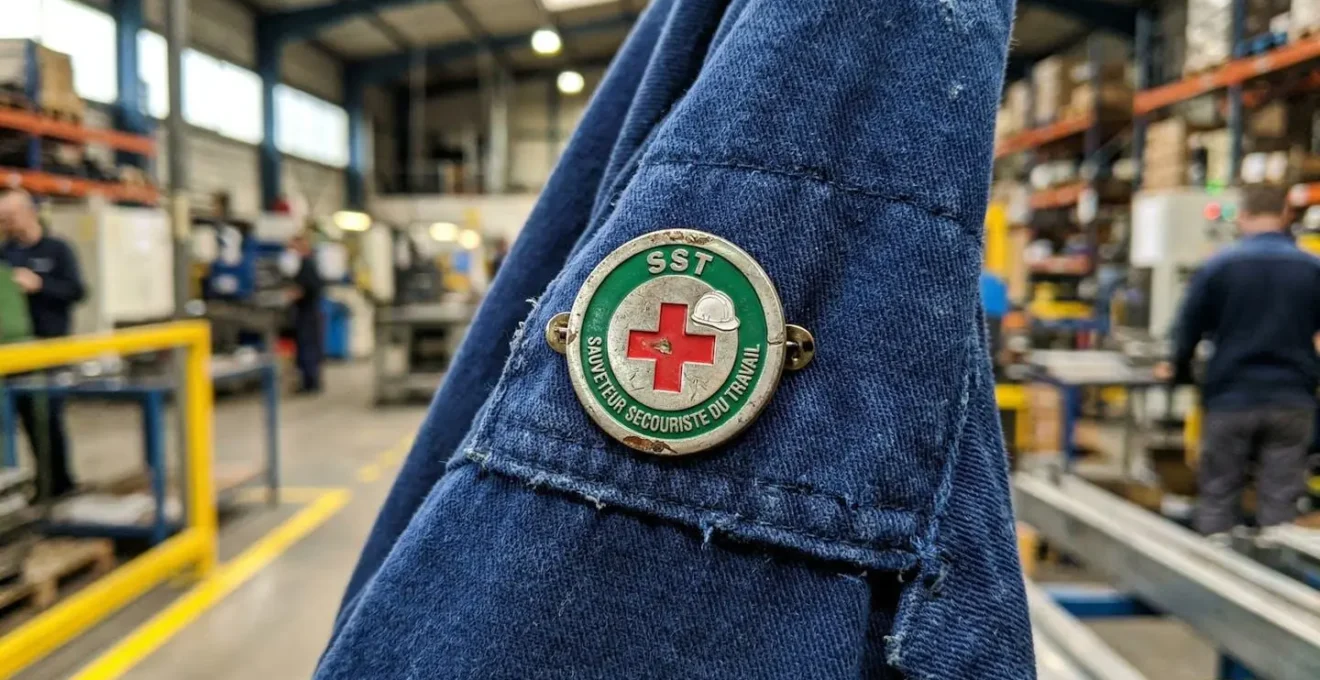 Gros plan sur un badge SST rouge et blanc épinglé sur une veste de travail bleue, avec un environnement industriel flouté en arrière-plan