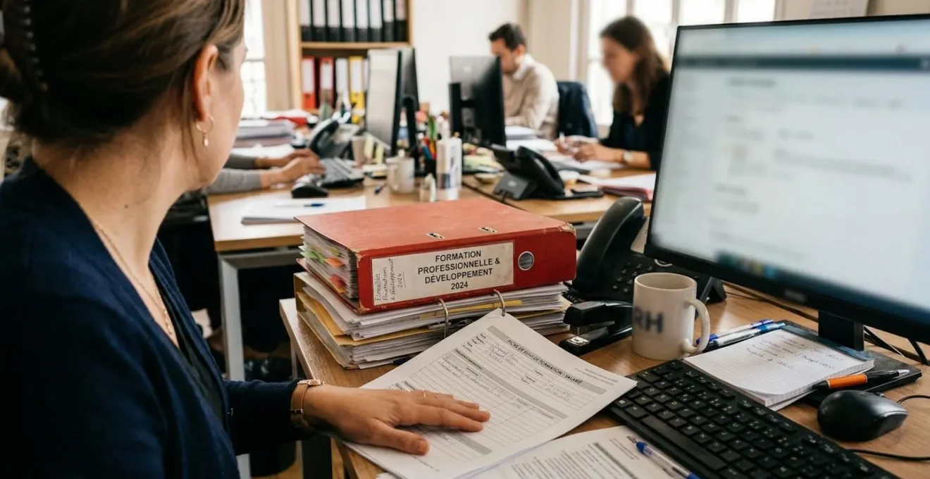 Vue par-dessus l'épaule d'une personne assise à un bureau avec des documents administratifs et un classeur de formation, écran d'ordinateur flouté