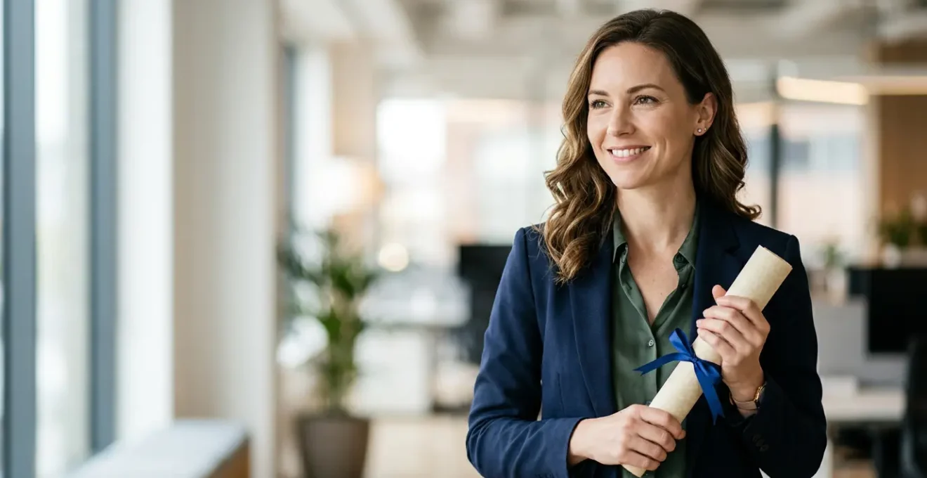 Professionnel tenant un certificat officiel dans un environnement de travail moderne