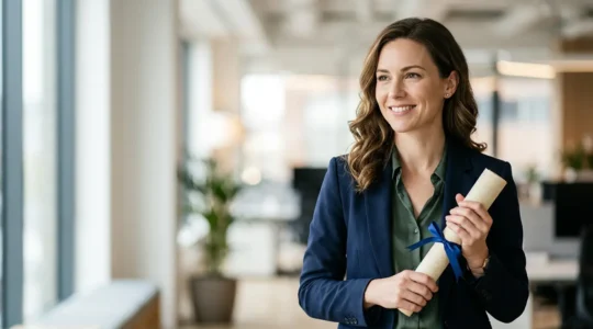 Professionnel tenant un certificat officiel dans un environnement de travail moderne