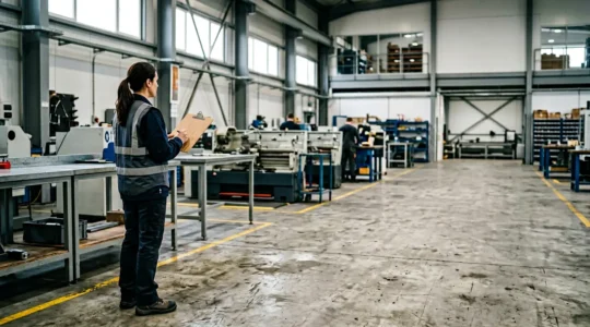 Professionnel évaluant les risques dans un environnement de travail avec des outils d'analyse de sécurité