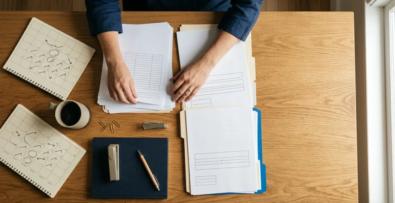 Entrepreneur organisant methodiquement documents administratifs pour creation entreprise