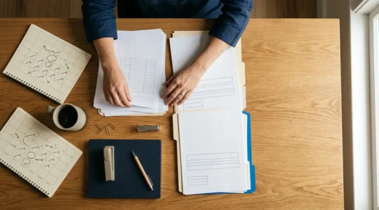 Entrepreneur organisant methodiquement documents administratifs pour creation entreprise