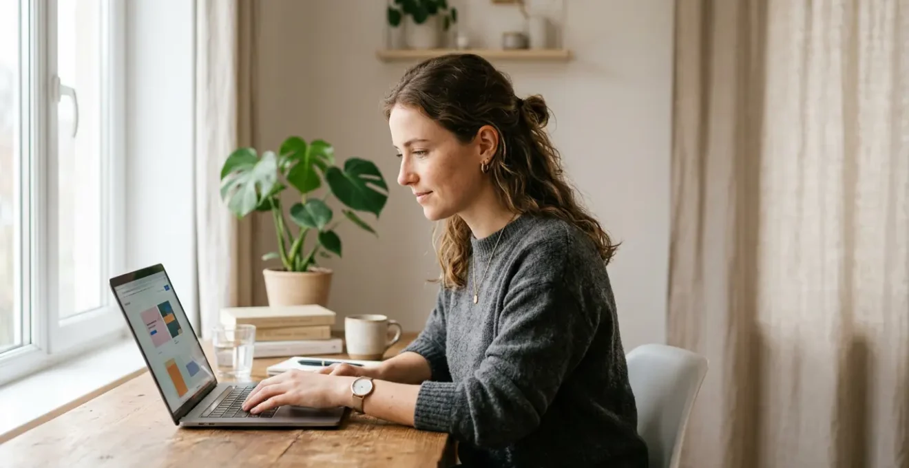 Jeune femme concentrée suivant une formation en ligne sur son ordinateur portable dans un espace de travail lumineux