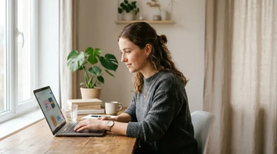 Jeune femme concentrée suivant une formation en ligne sur son ordinateur portable dans un espace de travail lumineux