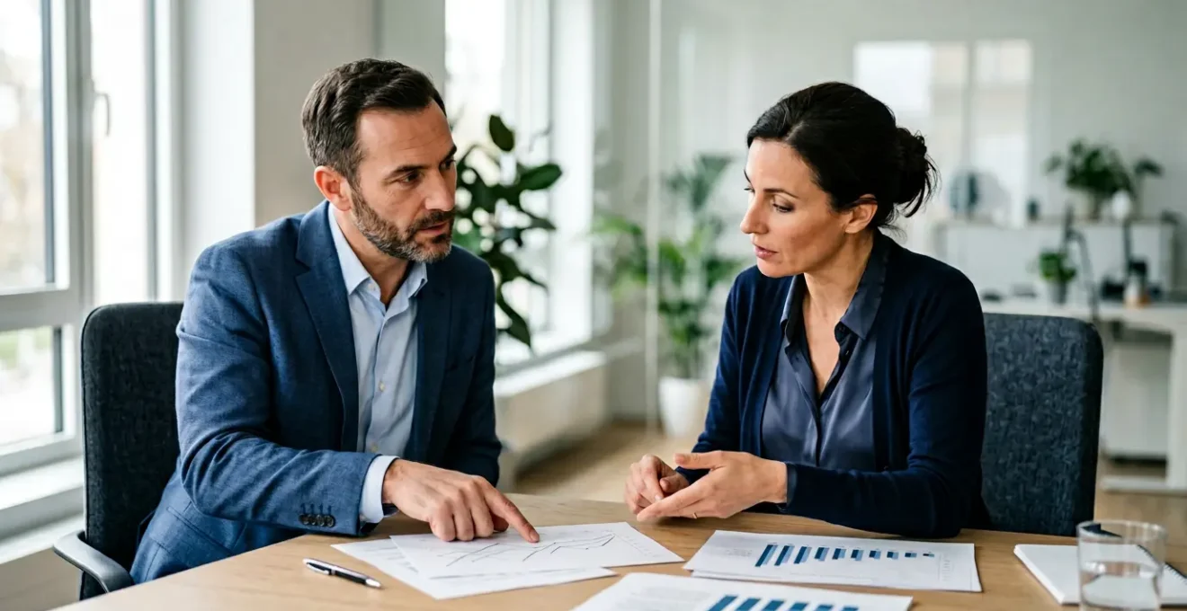 Dirigeant d'entreprise consultant des données financières avec un expert en gestion pour le redressement de sa PME