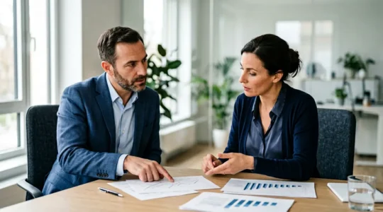 Dirigeant d'entreprise consultant des données financières avec un expert en gestion pour le redressement de sa PME