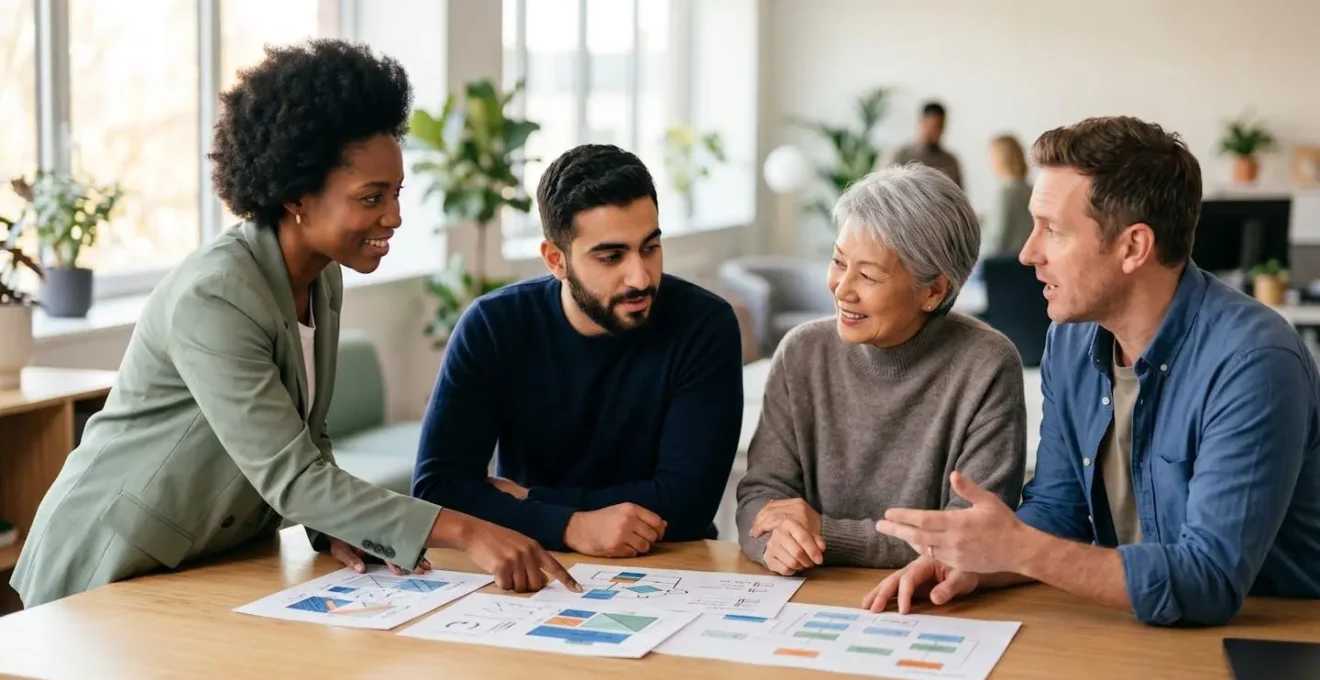 Équipe de professionnels techniques collaborant autour d'outils modernes dans un environnement de travail lumineux