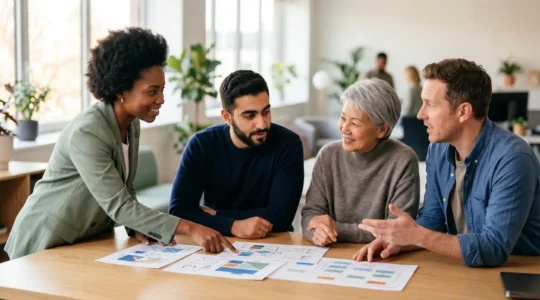 Équipe de professionnels techniques collaborant autour d'outils modernes dans un environnement de travail lumineux