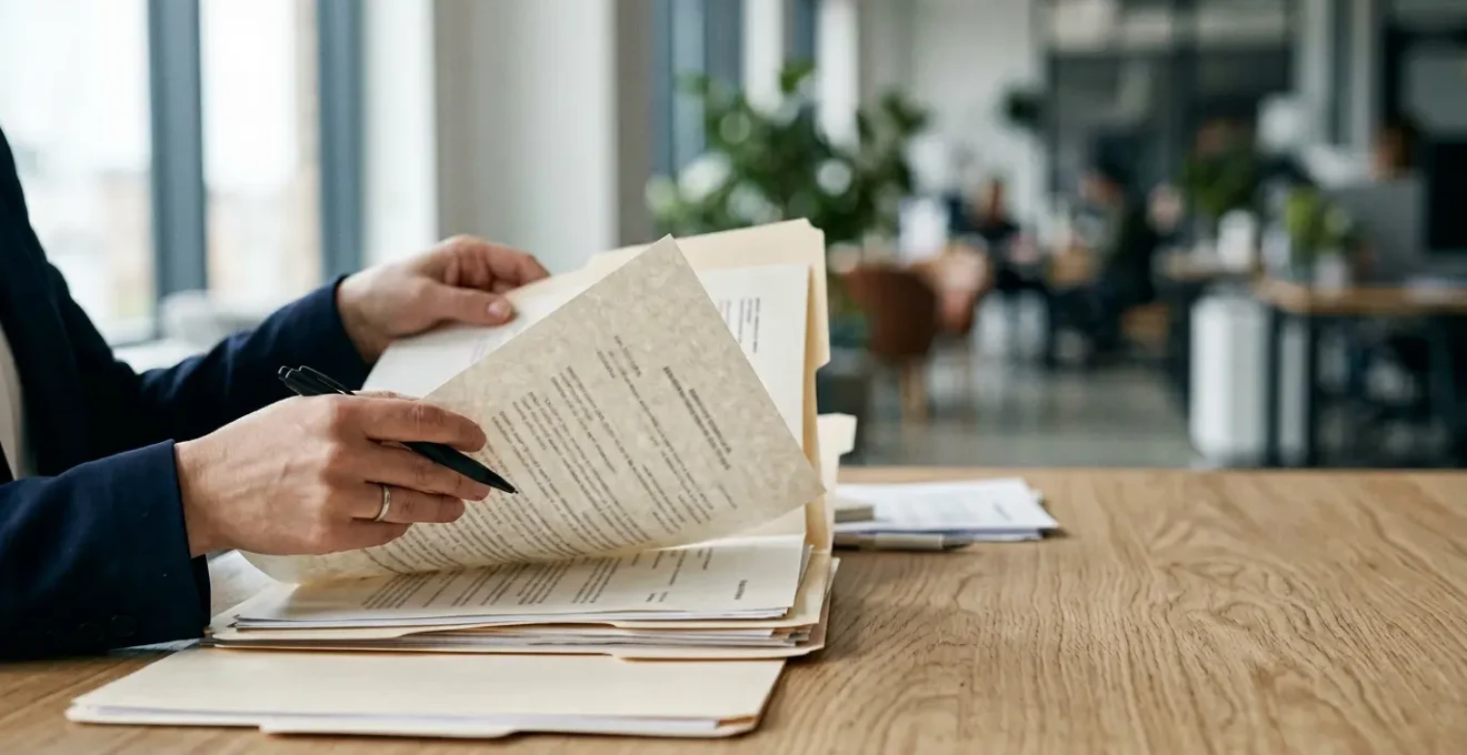 Professionnel des ressources humaines consultant une documentation juridique dans un bureau moderne