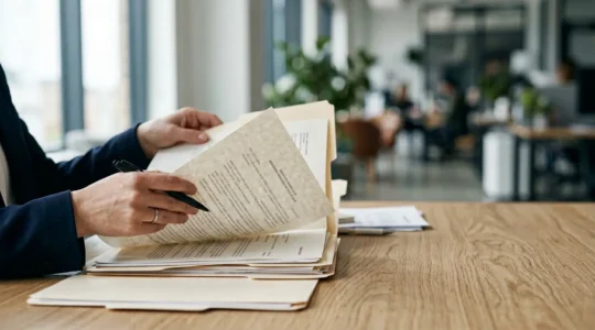 Professionnel des ressources humaines consultant une documentation juridique dans un bureau moderne