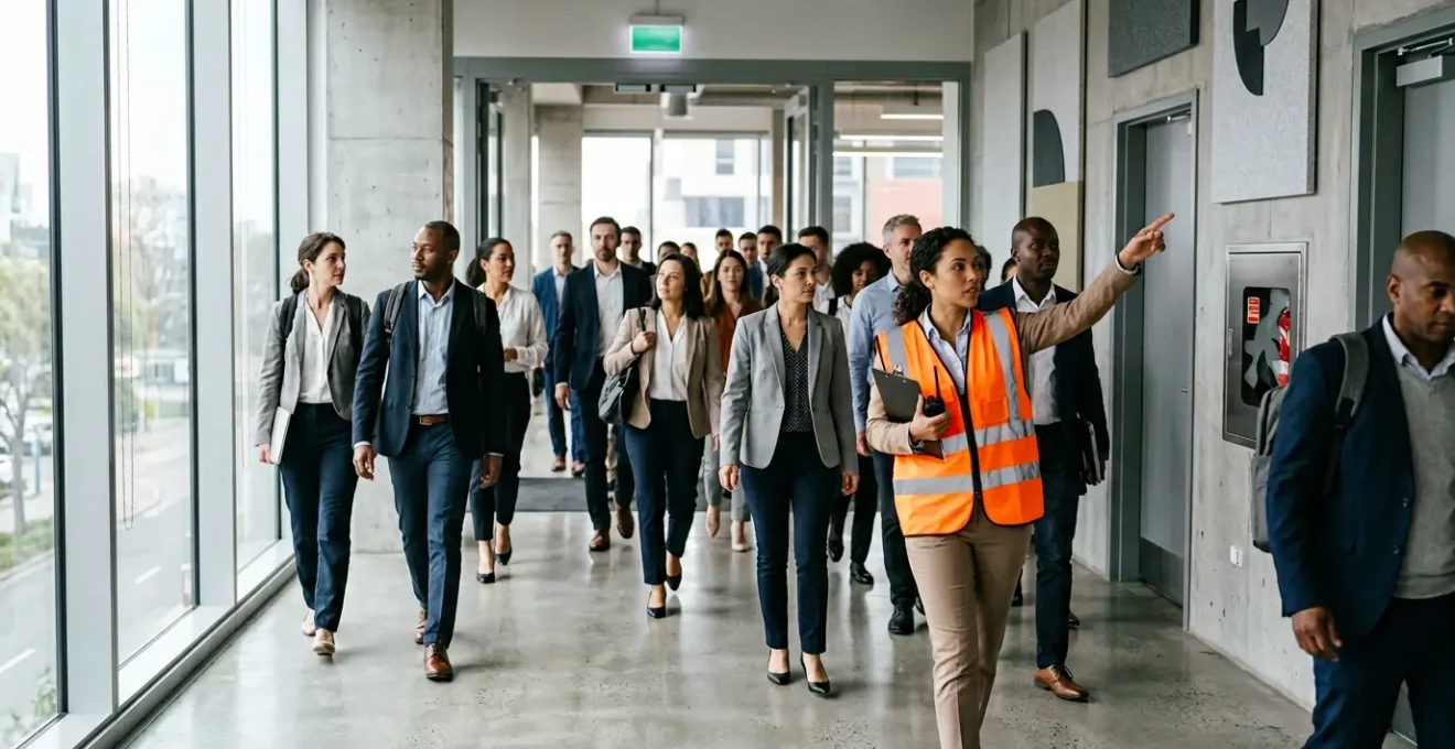 Formation incendie en entreprise avec équipe de sécurité lors d'un exercice d'évacuation