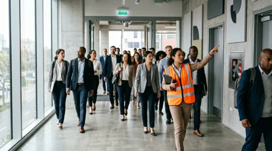 Formation incendie en entreprise avec équipe de sécurité lors d'un exercice d'évacuation