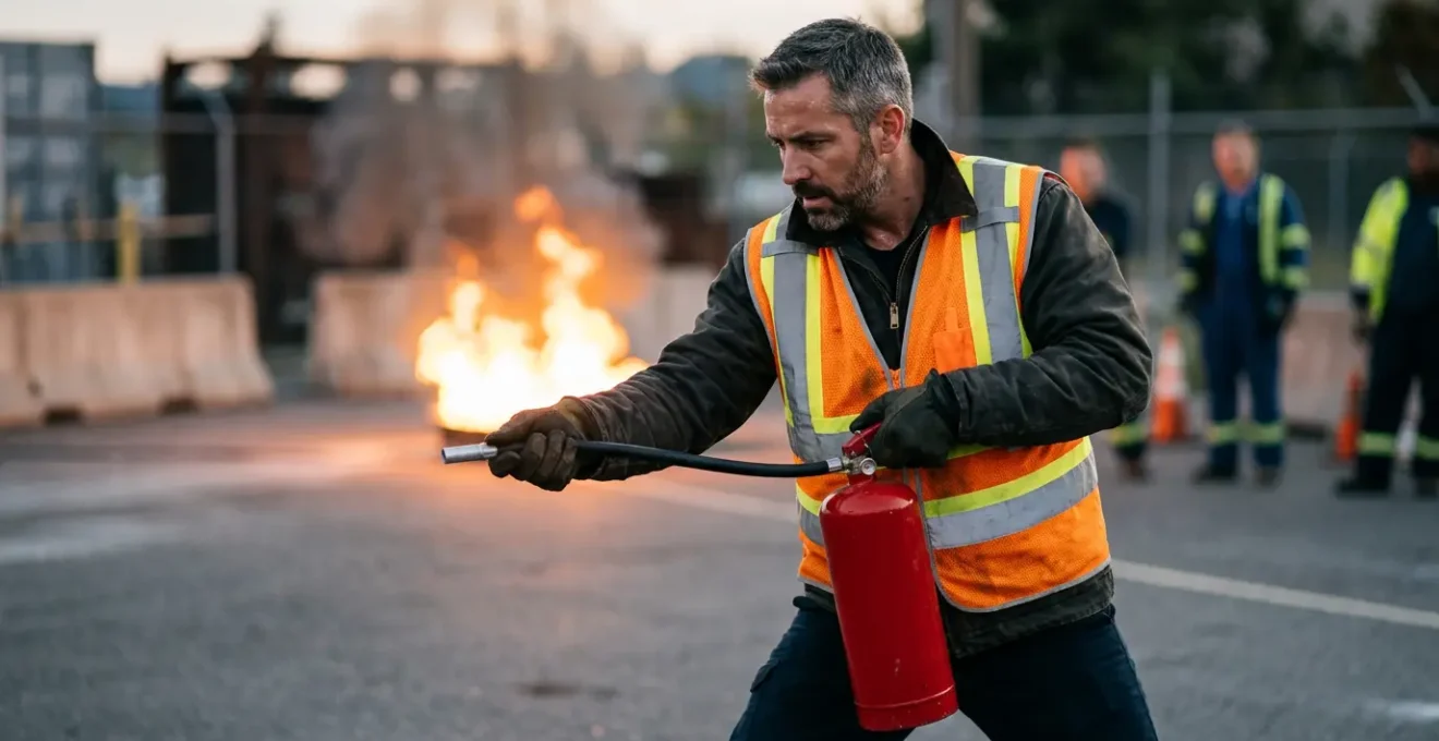 Formation pratique à la manipulation d'extincteur lors d'une simulation incendie en entreprise