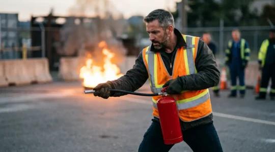Formation pratique à la manipulation d'extincteur lors d'une simulation incendie en entreprise