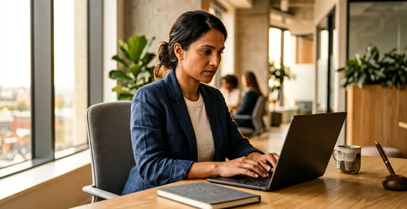 Professionnel en formation utilisant un ordinateur portable dans un environnement de travail moderne et lumineux