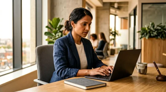 Professionnel en formation utilisant un ordinateur portable dans un environnement de travail moderne et lumineux