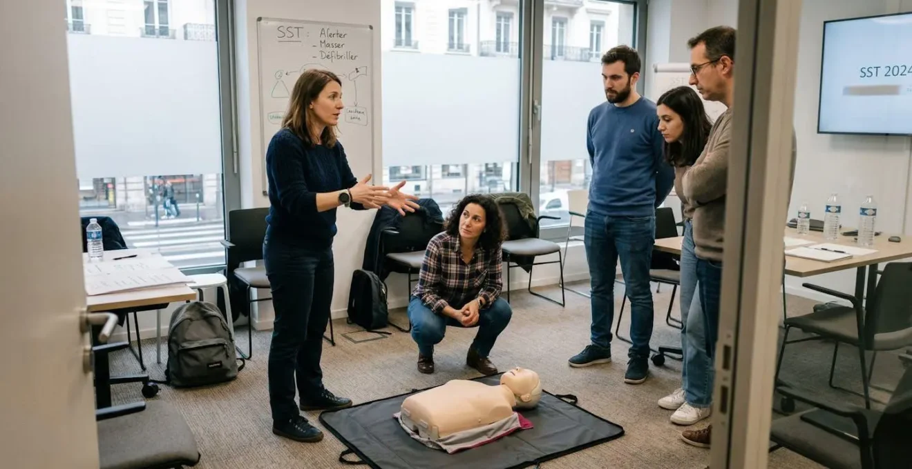 Un formateur debout devant un mannequin de secourisme explique un geste à cinq stagiaires en tenue de travail dans une salle de réunion éclairée par la lumière du jour