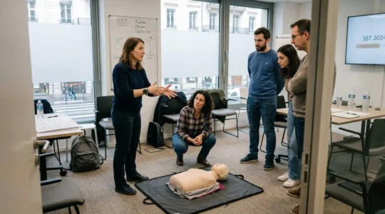 Un formateur debout devant un mannequin de secourisme explique un geste à cinq stagiaires en tenue de travail dans une salle de réunion éclairée par la lumière du jour