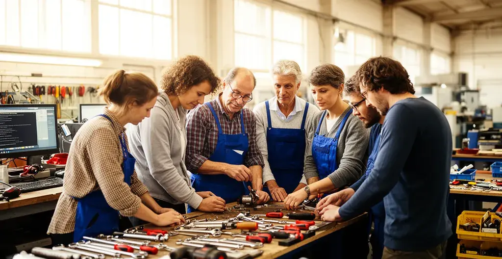 Groupe d'apprenants adultes collaborant sur un projet pratique en atelier de formation
