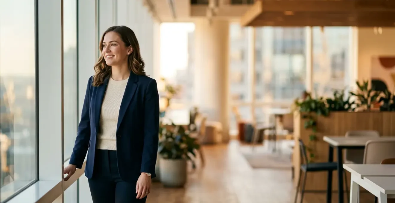 Jeune professionnel confiant dans un environnement de travail moderne, symbolisant la transition vers le premier emploi