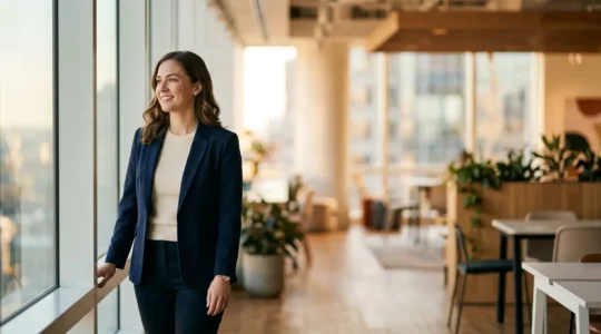 Jeune professionnel confiant dans un environnement de travail moderne, symbolisant la transition vers le premier emploi