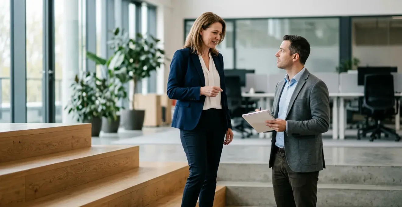 Deux professionnels debout face à face dans un bureau contemporain, échangeant un regard confiant dans une atmosphère de respect mutuel