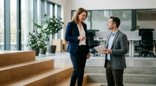 Deux professionnels debout face à face dans un bureau contemporain, échangeant un regard confiant dans une atmosphère de respect mutuel