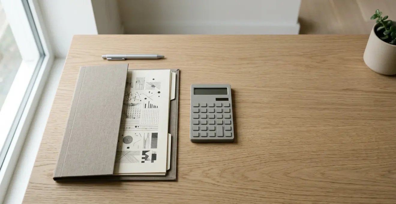 Espace de travail moderne minimaliste avec documents financiers et calculatrice pour gestion comptable autonome