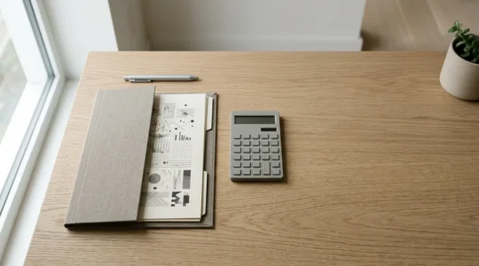 Espace de travail moderne minimaliste avec documents financiers et calculatrice pour gestion comptable autonome