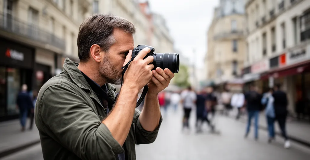 Photographe capturant une scène dans une rue urbaine