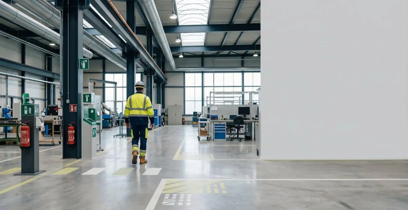 Environnement de travail industriel sécurisé avec équipements de protection et signalisation de sécurité