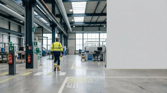 Environnement de travail industriel sécurisé avec équipements de protection et signalisation de sécurité