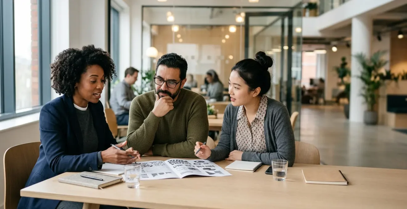 Professionnels discutant stratégie RH dans un environnement moderne d'entreprise en croissance