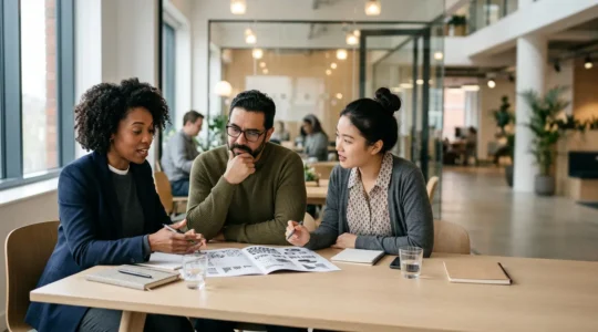 Professionnels discutant stratégie RH dans un environnement moderne d'entreprise en croissance