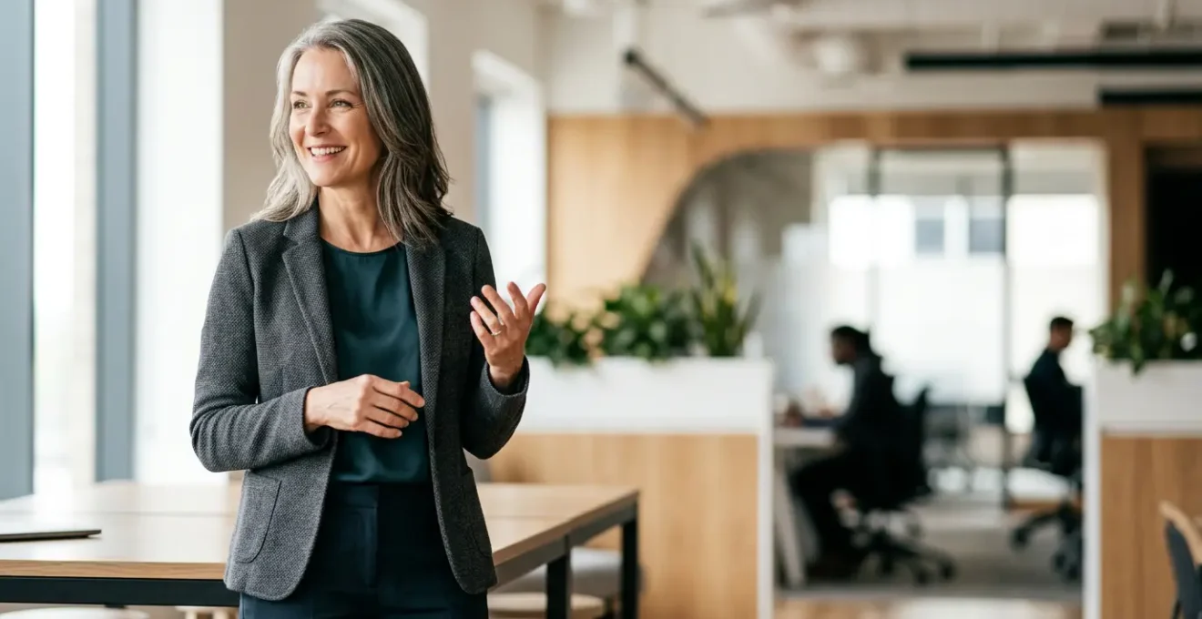 Professionnel senior dynamique dans un environnement de travail moderne illustrant l'adaptabilité et l'expertise