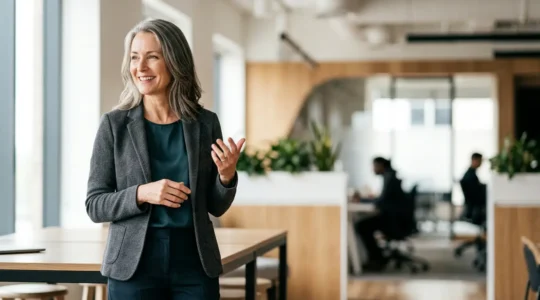 Professionnel senior dynamique dans un environnement de travail moderne illustrant l'adaptabilité et l'expertise