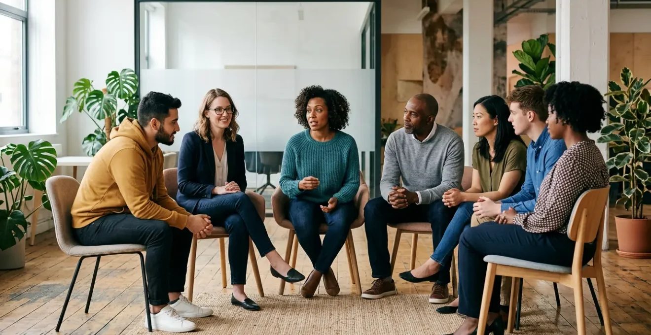 Équipe professionnelle en cercle lors d'une session de coaching collaboratif après réorganisation