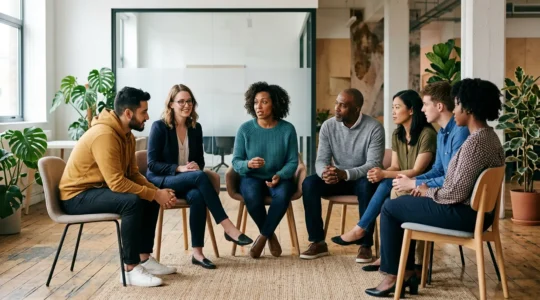 Équipe professionnelle en cercle lors d'une session de coaching collaboratif après réorganisation