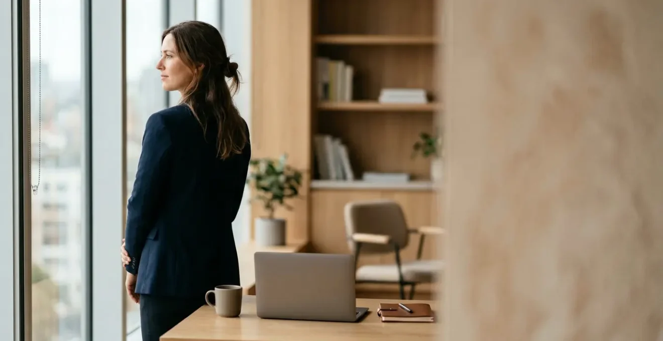 Professionnel en transition sécurisée contemplant son avenir avec sérénité