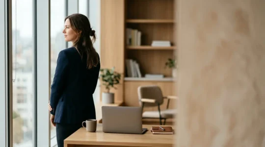 Professionnel en transition sécurisée contemplant son avenir avec sérénité